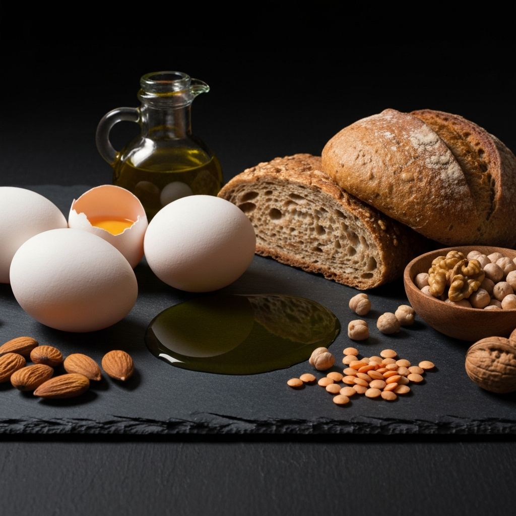 Macronutrient foods including eggs, grains, and nuts on a dark surface with dramatic lighting